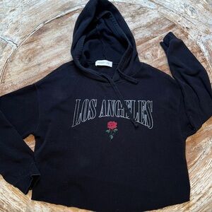 LOS ANGELES Black Cropped Hoodie w/ Rose, Size M